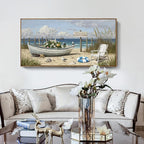 amatop Large Framed Wall Art for Living Room Nautical Beach Canvas Print Blue Flower Boat on Sandy Shore Ocean Seaside Landscape Coastal Artwork with Sea Birds Rustic Bedroom Office Home Decor 48×24 Inch