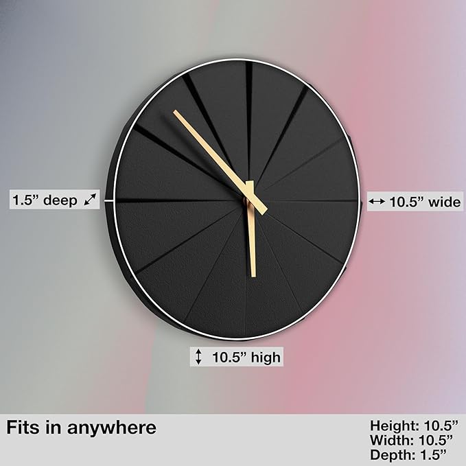 Driini Staircase Modern Wall Clock - Unique 10.5 in. Frameless Concrete Design - Contemporary, Minimalist Decor; No Numbers - Silent Battery Operated Clocks with Decorative Wooden Hands; Black