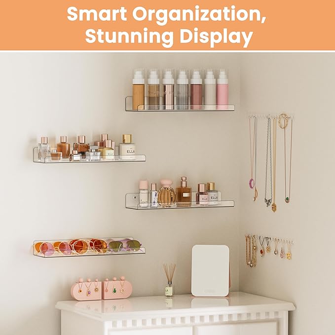 upsimples 4 Pack Acrylic Shelves for Wall Storage, 15" Floating Bookshelves for Kids, Display Shelf Organizer for Bathroom, Bedroom, Living Room, Kitchen, Room Decor, Clear