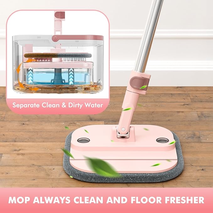 Upgraded Spin Mop and Bucket Set Self-Standing Mop Bucket Separate Dirty and Clean Water System Self Wringing 360° Rotating 90° Foldabl Mops and Buckets for Floor Cleaning (Pink, 2Pads)