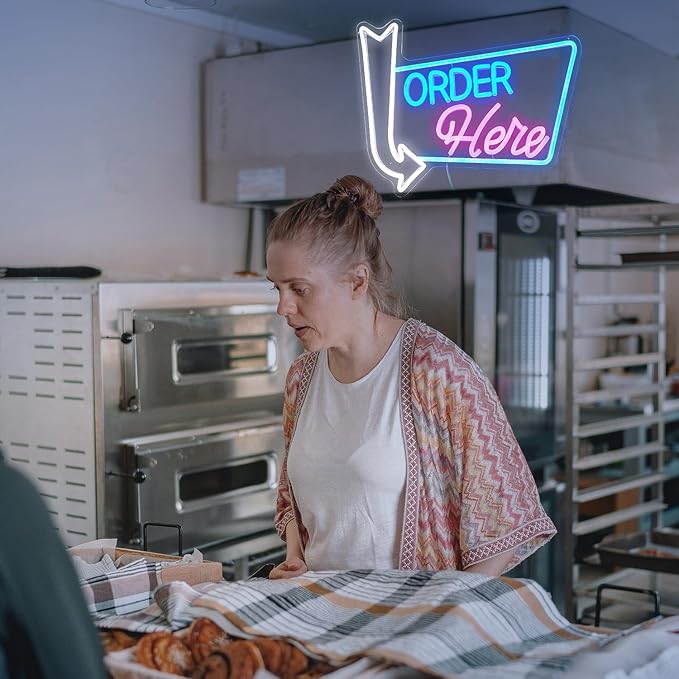 Order Here Neon Sign Led letters Sign Dimmable Order Neon Light for Wall Decor Larger Order Here Light Up Sign for Restaurant Shop Bar Business Neon Decor(16.1 * 12.6 In)