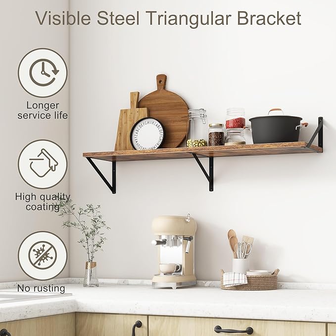 Fun Memories 40 Inch Floating Shelves, 10 Inch Deep Wall Shelf, 40 x 10 Floating Shelf Set of 2, Wood Floating Shelf Wall Mounted, Large Kitchen Living Room Bedroom Storage Shelves, Rustic Brown