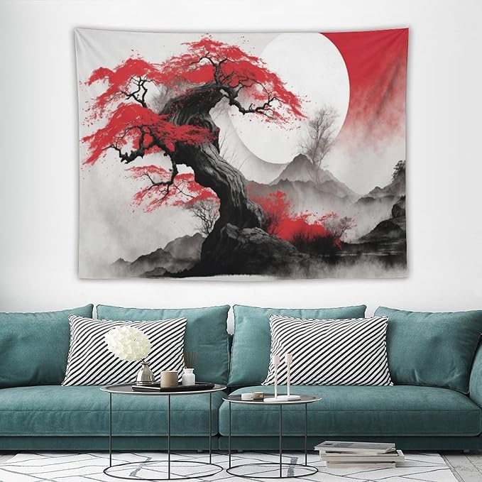 Cherry Blossoms Tapestry,Japanese Red Landscape Asian Watercolor Abstract Art Tapestry,Japanese Wall Tapestry, Nature Landscape Tapestries for Bedroom Living Room Decor 80"x60"