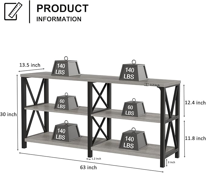 LVB Industrial Entryway Table, Farmhouse Rustic Console Table Behind Couch, Long Metal Wooden Sofa Table with Storage Shelf, Modern Foyer Hallway for Living Room Bedroom, Light Grey Oak, 63 in