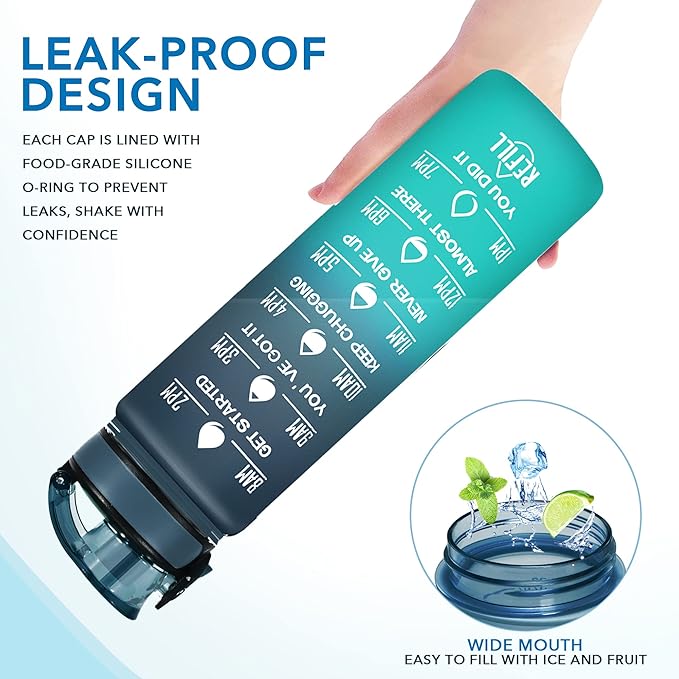 Enerbone Water Bottle, Leakproof BPA & Toxic Free, Motivational Water Bottle with Times to Drink and Straw, Fitness Sports Water Bottle with Strap for Office, Gym, Outdoor Sports