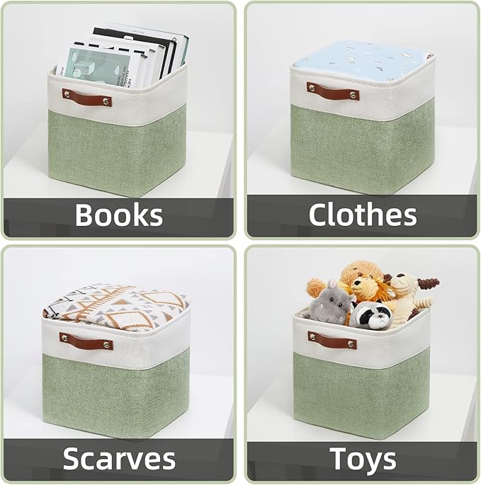 DULLEMELO Storage Baskets for Organizing, Fabric Storage Cubes for Dog Toy Box, 11 Inch Decorative Cube Storage Bins with handle for Baby Gift Basket(4 Pack - 11" White&Green)