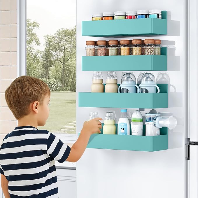 Magnetic Spice Rack for Refrigerator, Kitchen Organizer and Storage Shelf, Blue (4 Pack)…