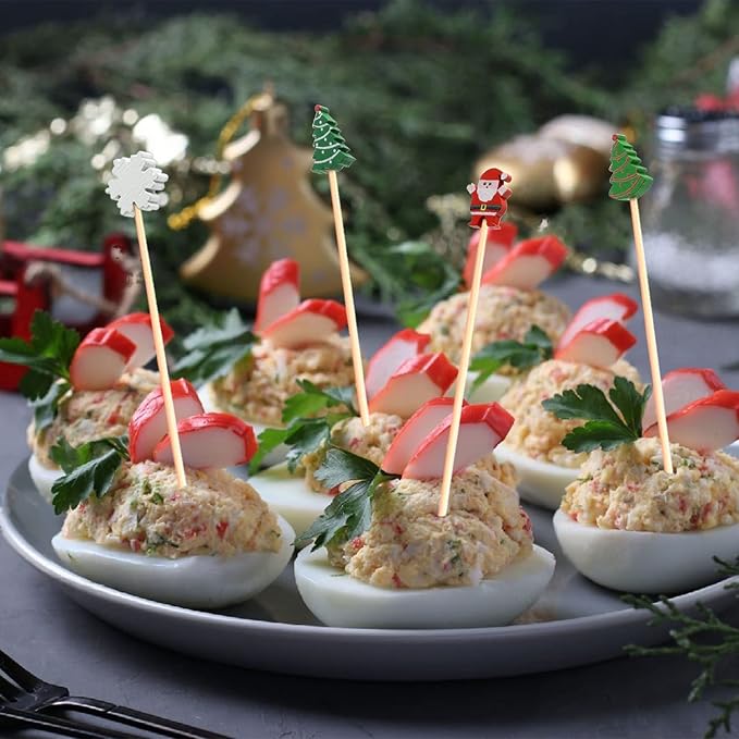 Christmas Cocktail Picks Toothpicks Fruit Dessert Sticks Food Sandwich Appetizer Charcuterie Skewers for Xmas Tree Snowman Elk Snowflake Christmas Decorations Themed Party Supplies, 5", 100 Count
