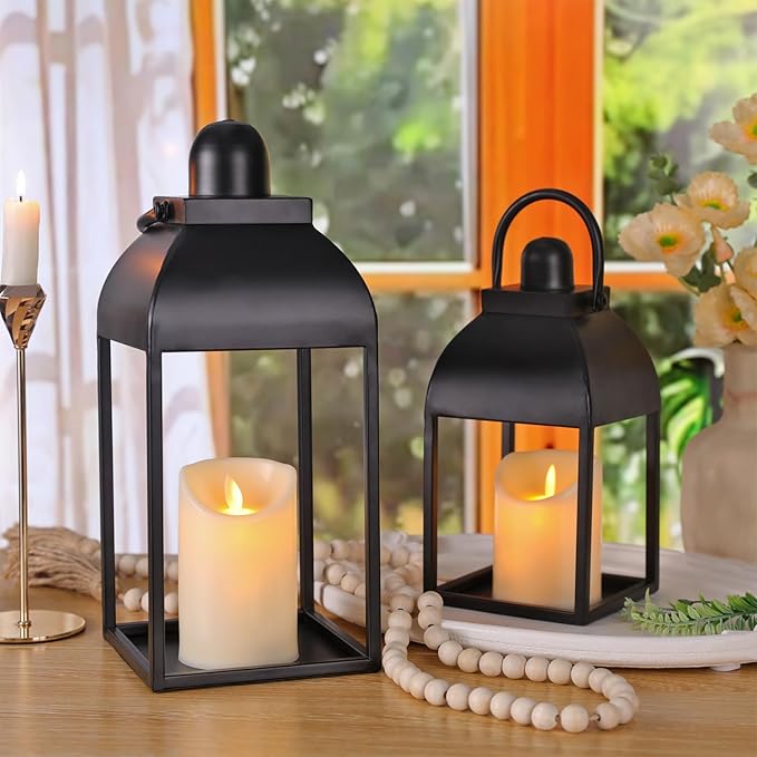 Lanterns Decorative Indoor Outdoor 15" 11" Set of 2 Lantern Decor Black Metal Candle Lanterns with Flameless Candles, Outdoor Lanterns for Porch Patio Wedding Mantle Home Decor