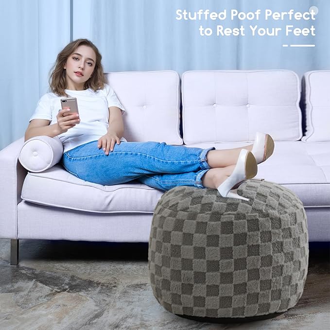 HIGOGOGO Round Stuffed Pouf Ottoman, Plaid Poufs with Foam Chunk Filling, Fluffy and Furry Pouf Foot Stool Storage Ottoman, 26 X 18 Floor Poufs Foot Rest for Living Room, Grey