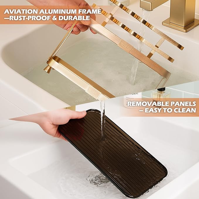 YUPER Bathroom Counter Organizer, 2-Tier Bathroom Organizer Countertop with Toothbrush Holder, Makeup Storage Shelf Vanity Tray Perfume Organizer, Bedroom Kicthen Counter Storage Sink Shelf Gold