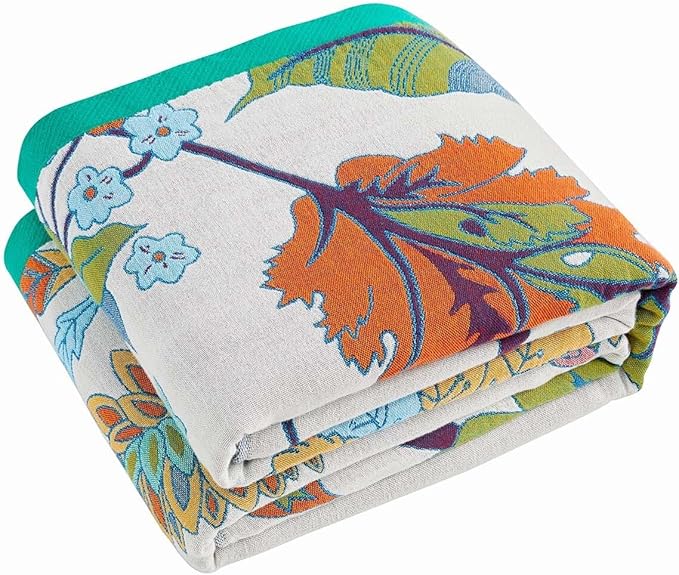 Summer Throw Blanket, 60"x80" Reversible Bohemian Flower Blanket, 100% Cotton Muslin Breathable Woven, Farmhouse Decorative Throw Blanket