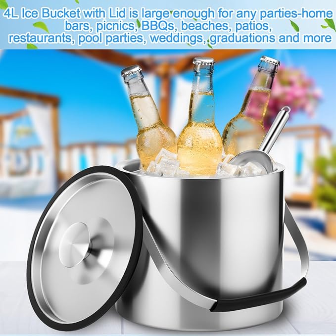 meekoo 4 L Double Wall Insulated Stainless Steel Ice Bucket with Lid, Scoop, Strainer, Handle Large Wine Ice Bucket Upgraded Cover Keep Frozen Longer for Cocktail Bar Parties(Silver)