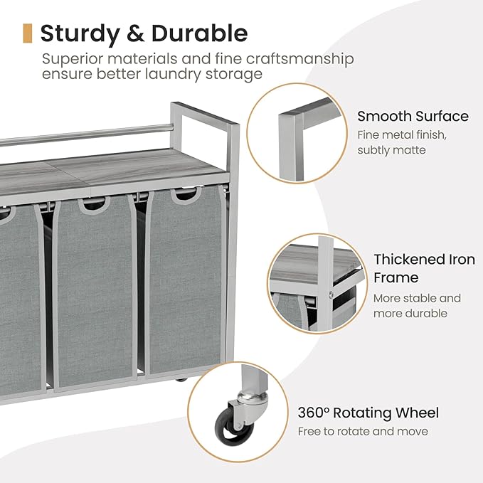 Laundry Hamper, Laundry Basket, Laundry Sorter with 3 Removable Bags, Clothes Basket with 3 Compartments, Wheels, Shelf for Laundry Room Bathroom Bedroom (3 Bags-Gray)