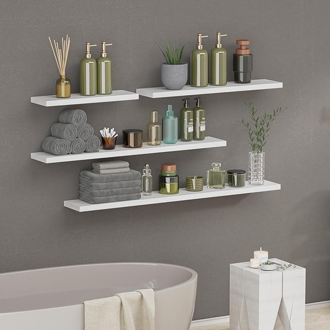 SAUMONIERES Floating Shelves 8 Inch Deep Solid Wood Wide Wall Shelf Set of 1 Wall Mounted for Bedroom Bathroom Living Room Kitchen, 55 Inch White