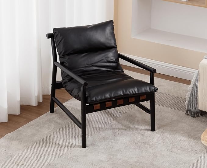 Modern Sling Accent Chairs Set of 2 - Black PU Leather Upholstered