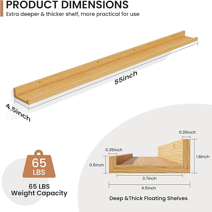 Fun Memories Picture Ledge Shelves Set of 2, 55 Inch Rustic Wall Mounted Floating Shelves with Lip for Home Storage and Décor in Bathroom, Kitchen, Nursery, Bedroom, Living Room, Oak