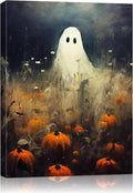 Halloween Canvas Wall Art, Spooky Ghost in Pumpkin Patch Poster, Vintage Gothic Fall Decor, Dark Academia Fall Decor for Living Room, Framed Indoor Halloween Decorations