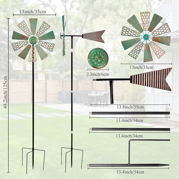 Viveta Wind Spinners Outdoor,13”Kinetic Wind Spinner Metal Vintage Windmill for Outdoor Garden Patio Yard Decor,Green