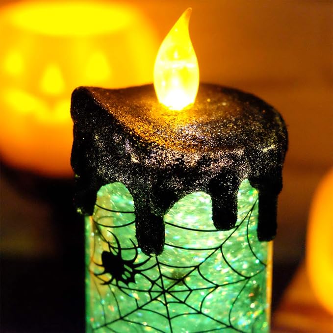 Eldnacele Halloween Snow Globe Candles Lighted Lamp, Battery Operated Spooky Spinning Water Glittering Tornado Candle Flameless Candles Table Centerpiece for Halloween Decoration Indoor(Spider)