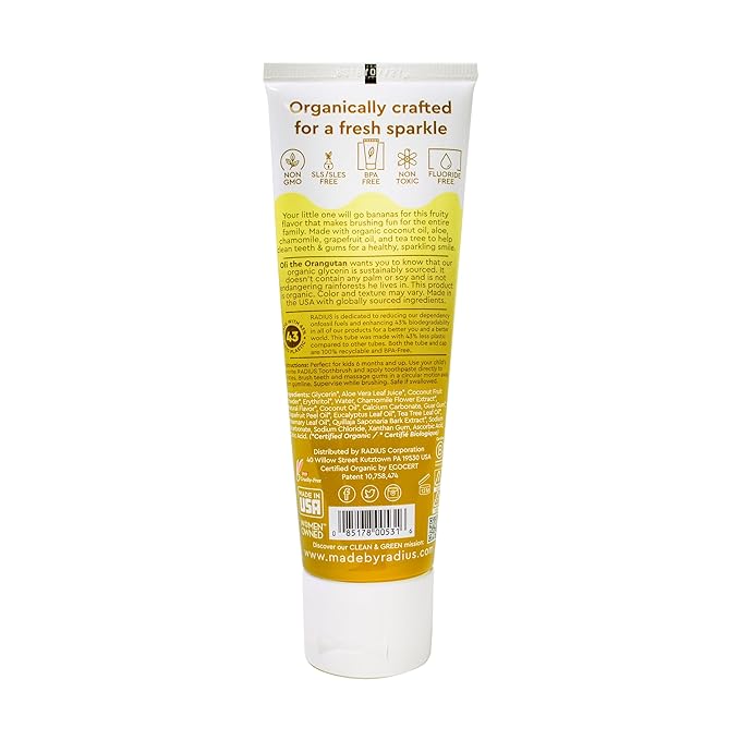 RADIUS Children's Toothpaste, Coconut Banana, 3 oz, Non-Toxic Chemical-Free Gluten-Free, Designed to Improve Gum Health & Prevent Cavities, Pack of 2