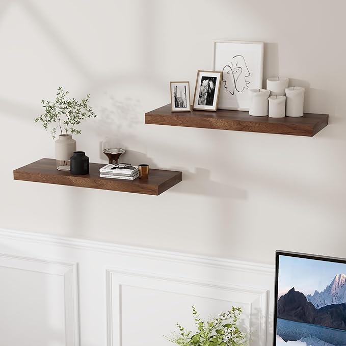 24 x 9 Floating Shelves, 9 Inch Deep Floating Shelf Wall Mounted, 24 Inch Bathroom Shelves Set of 2, Rustic Wood Wall Shelf for Bedroom, Living Room, Walnut Color