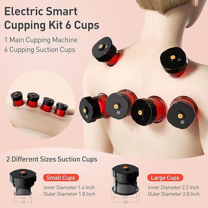 UBALANCE Cupping Kit for Massage Therapy, Cupping Therapy Set 6 Cups, Electric Smart Cupping Machine, 4 in 1 Negative Pressure Massager with 12 Modes for Fatigue Relief, Red