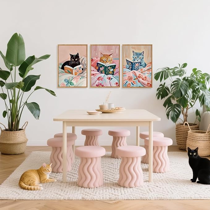 HPNIUB Framed Vintage Black Cats Canvas Wall Art, Funny Animal Reading Books Poster Printing Pictures, Pink Cute Cat Lovers Wall Decor for Girls Room Bedroom Kids Room Living Room Classroom- 16 x24 x3