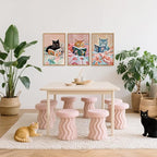 HPNIUB Framed Vintage Black Cats Canvas Wall Art, Funny Animal Reading Books Poster Printing Pictures, Pink Cute Cat Lovers Wall Decor for Girls Room Bedroom Kids Room Living Room Classroom- 16 x24 x3