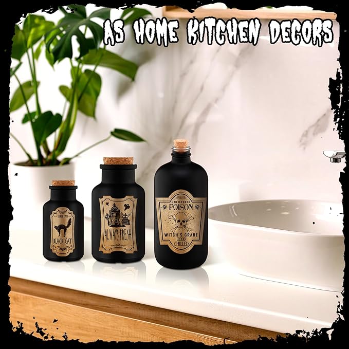 Umigy 3 Pcs Vintage Glass Potion Bottles with Cork Lid Black Halloween Tiered Tray Decoration 12 Apothecary Bottles Jars Stickers Labels Halloween Table Home Bathroom Decorations Indoor