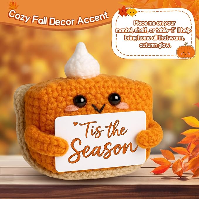 Tis The Season Fall Decor | Mini Crochet Pumpkin Pie Plush | Small Handmade Autumn Halloween Thanksgiving Items for Home Office Indoor Table Decoration Christmas Stocking Stuffer Ornament