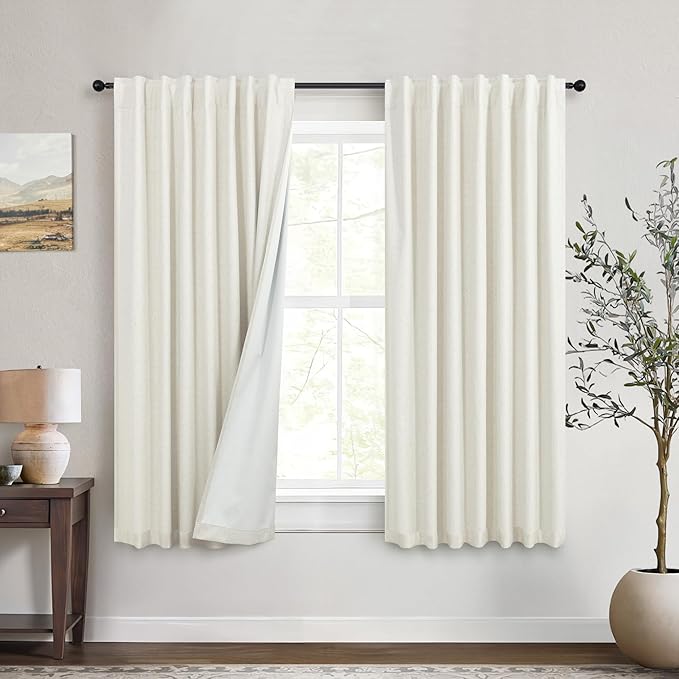 Short Black Out Curtains 54 Inch Long for Bedroom Small Window 2 Panel Back Tab Pocket Lightweight Blackout Insulating Noise Reducing Cooling Curtain for Summer Heat Winter Dining Room Darkening Cream