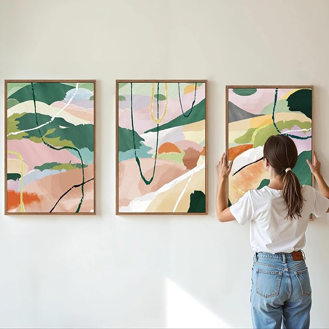 Tinonedraw Colorful Abstract Framed Canvas Wall Art Set of 3, Green and Pink Oils Inks Artwork, Neutral Modern Minimalist Wall Decor for Living Room, Bedroom, Office 16"x24"