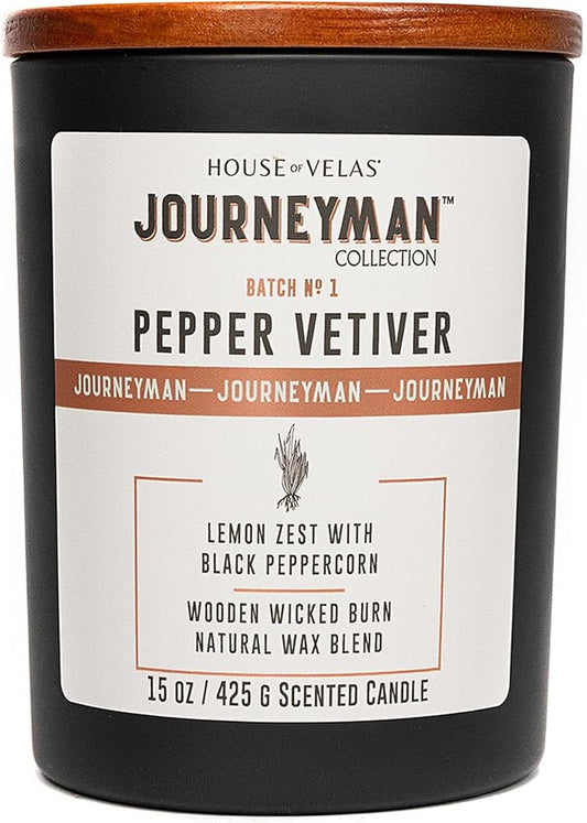 Journeyman Collection Candle, 15oz, Wooden Wick, Pepper Vetiver, Large Painted Jar