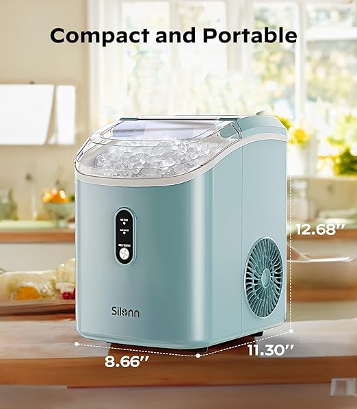 Nugget Ice Maker Countertop, Silonn Chewable Pellet Ice Machine with Self Cleaning Function, Pebble Portable Ice Maker with Ice Scoop for Home Kitchen Office, Green