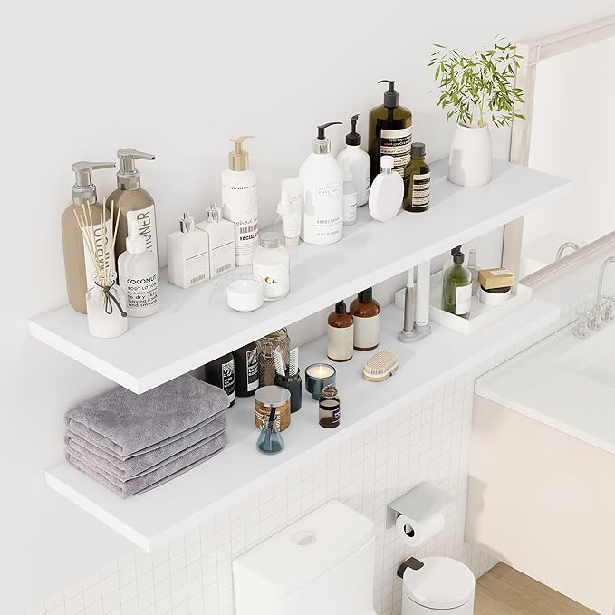 55" Floating Shelves for Wall, 12" Deep Slim White Floating Shelves, Wall-Mounted Shelves for Bedroom, Living Room, Kitchen, Bathroom - Set of 2