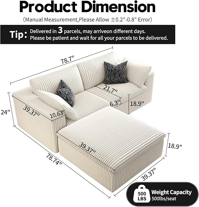 LoveSeat Cloud Couch Modular Sectional Sofa for Living Room,Modern Sofa with Deep Seat，2 Seater Boneless Couch with Ottoman,Comfy Upholstered Couches for Apartment, Studio, Office,Bedroom，White