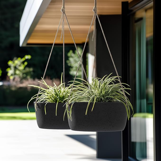 La Jolie Maison Large Hanging Planters - 12 Inch Outdoor Flower Pots, Hanging Garden Planters Set of 2, Black Charcoal
