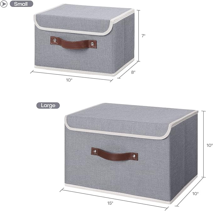 ANMINY 2PCS Storage Bins with Lid PU Leather Handles Storage Boxes PP Plastic Board Decorative Foldable Lidded Cotton Linen Fabric Home Cubes Baskets Closet Organizer Containers - Gray, Small Size