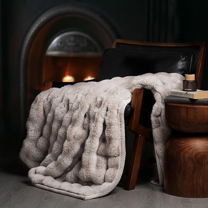 EVERGRACE Ultra Soft Luxury Fluffy Ridgeline Faux Rabbit Fur Throw Blanket, Thick Warm Bubble Throw for Bed, Cozy Plush Reversible Blankets for Couch, Chair, Sofa, Taupe, 60x80 Inches, 870 GSM