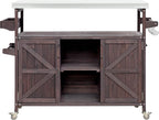 Farmhouse Solid Wood Grill Table with Stainless Steel Top, Outdoor Rolling Bar Cart & Storage Cabinet with Spice & Towel Rack, Outdoor Kitchen Island with Internal Storage Rack, Dark Brown