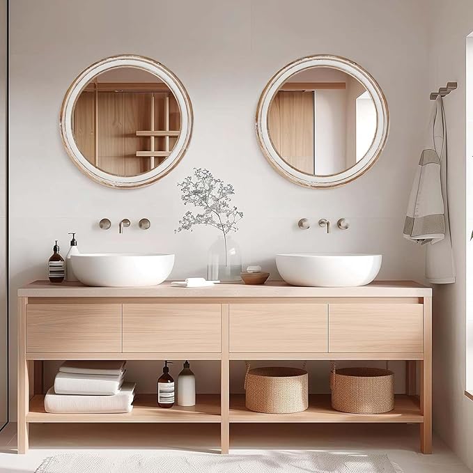 Round Bathroom Mirror for Vanity-Distressed Wood Circle Mirror, Farmhouse Entryway Mirror and Decorative Wall Mirrors for Living Room