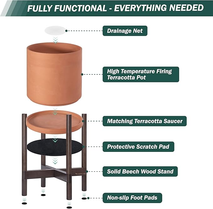 D'vine Dev Terracotta Planter with Walnut Color Stand - 12 Inch Modern Round Flower Pot with Wood Planter Holder, Terracotta, 55-B-W-5