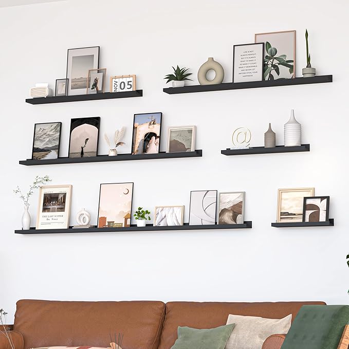 Heimlove Picture Ledge Shelf, Floating Shelves Set of 2, 48 Inches Picture Shelf for Wall with Ledge, Kids Bookshelf Wall Mounted for Living Room Bedroom Decor Books Photo Frames, Black