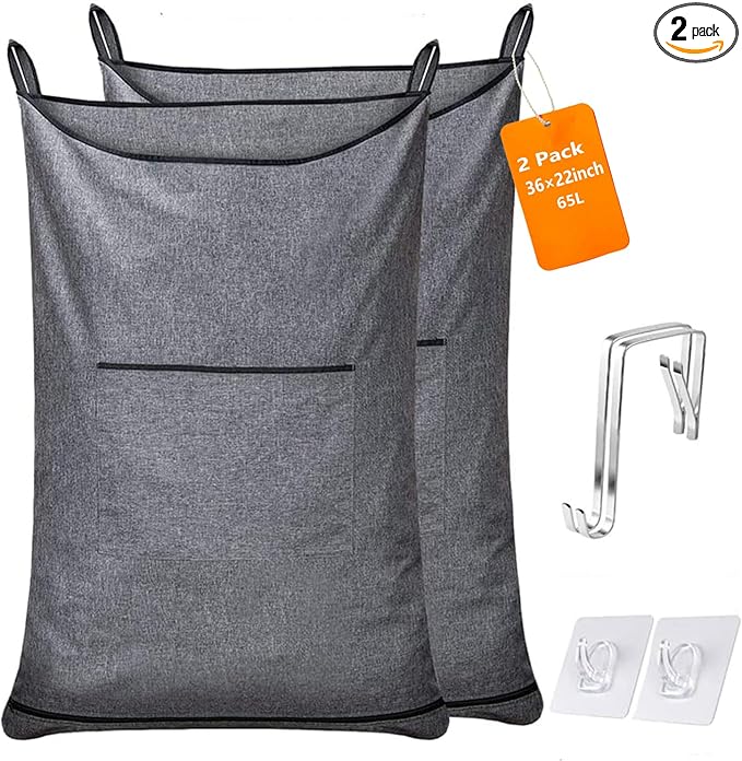 XL Hanging Hamper, Over The Door Hamper with Free Hanging Hooks, Space Saving Over Door Laundry Bag and Laundry Basket for Storage, 2 Pack, (36x22Inch Pop Heather Grey)