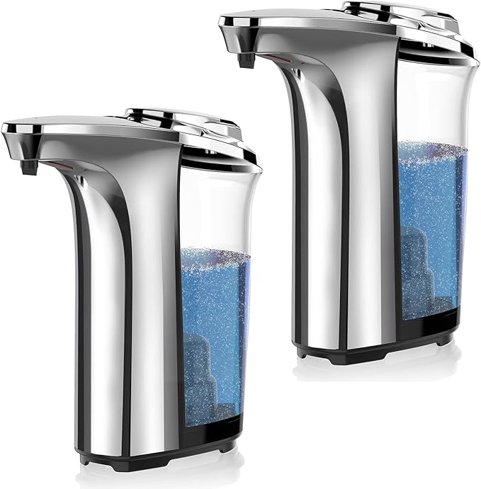 Automatic Soap Dispenser, Touchless Dish Soap Dispenser 17oz/500ml with Upgraded Infrared Sensor, 5 Adjustable Soap Dispensing Levels, Liquid Hand Dispenser for Bathroom (Silver Set)