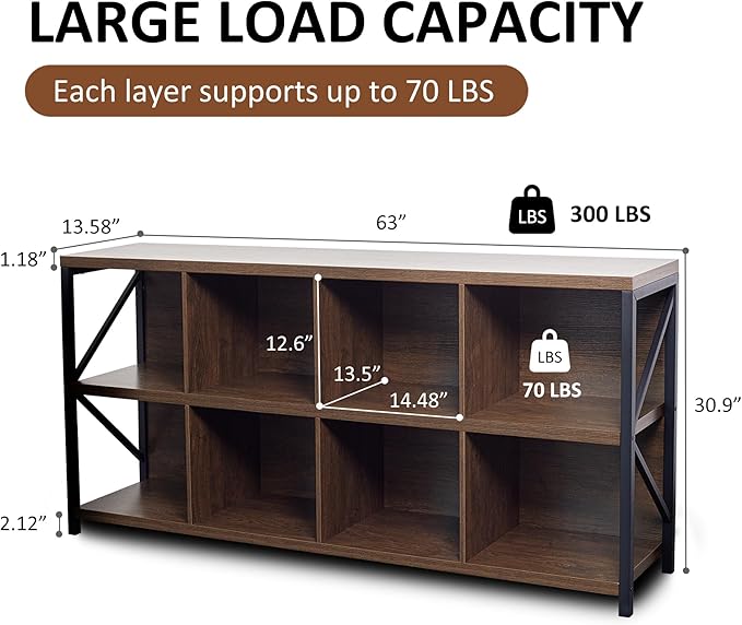 8 Cube Storage Organizer Bookshelf - Industrial Brown Walnut 63"