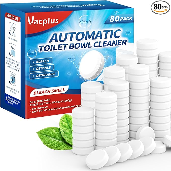 Vacplus Toilet Bowl Cleaner Tablets 80 PACK, Automatic Cleaners with Bleach, Slow-Releasing Toilet Tank Cleaners for Deodorizing & Descaling, Household Toilet Cleaners against Tough Stains