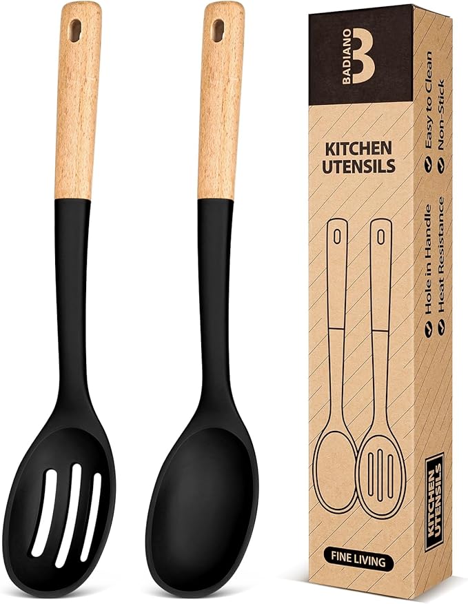 Silicone Cooking Spoons, Great for Scooping Sides and Serving Hearty Stews, BPA-Free Matte Silicone, Wooden Handle Serving Spoon for Nonstick Cooking Surfaces (Black)