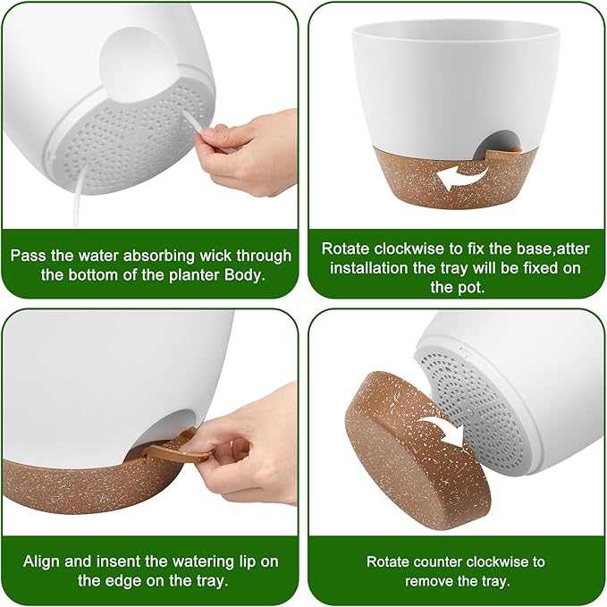 Plant Pots 10/9/8 Inch Self Watering Pots, Set of 3 Plastic Planters with Drainage Holes and Saucers,Plastic Flower Pots,Nursery Planting Pot for Indoor Out Door Plants（White）